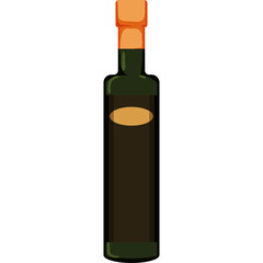 A Tall Dark Green Glass Bottle With An Orange Cap And A Light Brown Oval Label Stands Against A White Background, Vector Illustration