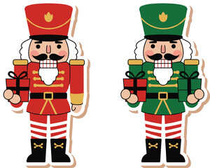 Nutcracker cartoon, Christmas illustration, festive toy, holiday character, gift stack, red uniform, green uniform, seasonal clipart, vector art, decoration