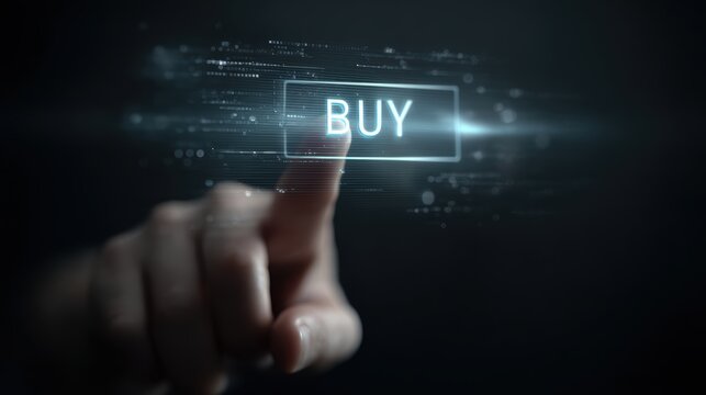 Finger pressing a glowing buy button on a futuristic digital interface