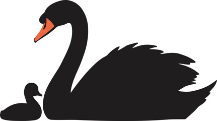 Swan silhouette illustration, parent and baby swan, love and care concept, elegant bird vector, minimalist nature animal design