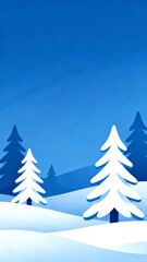 Obraz premium A picturesque winter landscape featuring stylized snowy pine trees under a blue sky, perfect for serene wallpapers.