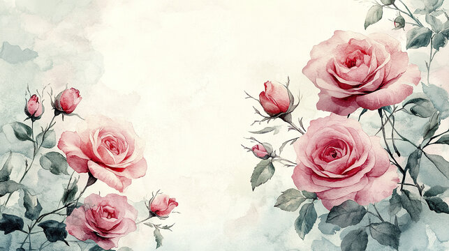 Dreamy watercolor floral background with soft pink roses and delicate green leaves creates romantic and elegant atmosphere perfect for artistic designs and invitations