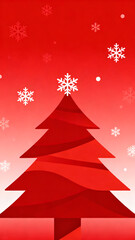 Minimalistic design of a red Christmas tree against a gradient red background with white snowflakes, ideal for seasonal branding or decor.