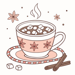 Hot chocolate illustration with marshmallows, cinnamon sticks, and star anise, perfect for cozy winter and holiday themes