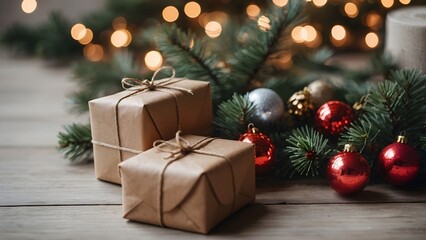Christmas gifts wrapped in brown paper sit on a wooden table surrounded by evergreen branches and brightly colored ornaments in a festive, cozy setting Generative AI