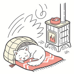 A charming scene depicts a cat sleeping soundly in a cat bed near a stove, with a cozy rug beneath