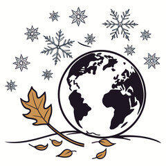 Illustration of the earth with autumn leaves and snowflakes, symbolizing the transition from fall to winter, a visual representation of seasonal change
