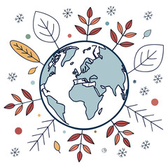 Illustration of the earth surrounded by leaves and snowflakes, a symbol of the changing seasons and the interconnectedness of nature