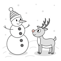 Illustration of a snowman and a reindeer standing together in a snowy landscape, a charming scene of winter friendship and holiday cheer