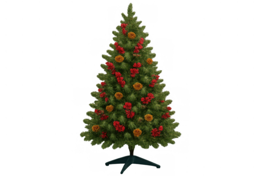 Festive christmas tree adorned with cheerful red and golden decorations, creating a happy seasonal atmosphere