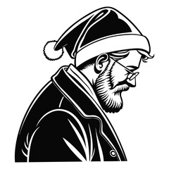 A modern black and white vector illustration depicts a trendy santa claus in profile, sporting glasses and a stylish beard