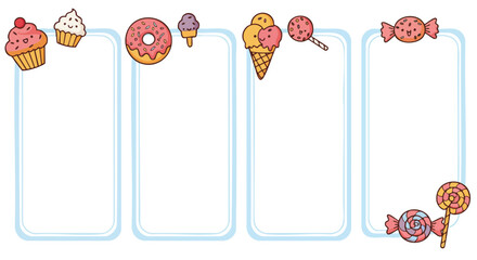Whimsical collection of sweet treat borders and empty frames featuring cupcakes donuts ice cream and lollipops