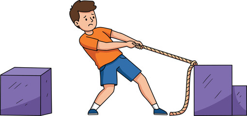 Cartoon person pulling rope, heavy block, effort pose, orange shirt, blue shorts, physical action, stylized illustration, strength concept, motion