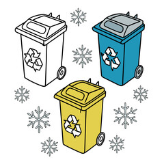 A whimsical illustration of colorful recycling bins surrounded by snowflakes, promoting ecoconsciousness and winter waste management