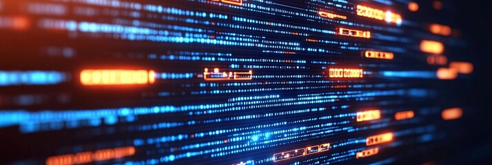 futuristic digital data stream with neon blue and orange highlights in cyber network environment