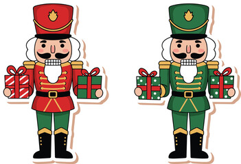 Christmas nutcracker illustration, festive holiday gifts, cartoon soldiers, winter decoration, traditional toy art, seasonal celebration, colorful vector design, cheerful mood