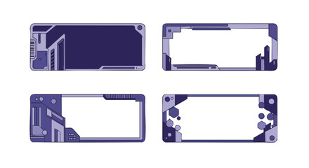 Collection of four abstract digital display frames with futuristic geometric purple and grey accents for modern user interface design