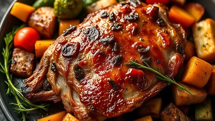 Roasted pork with vibrant vegetables, showcasing a delicious and colorful culinary presentation.