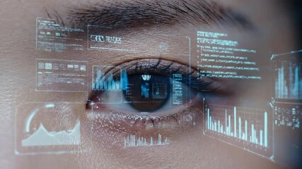 Close up extreme shot of a female eye with holographic digital data interface overlay displaying charts and graphs in a - Powered by Adobe