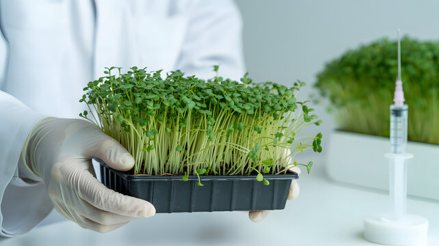 Scientist in lab coat holds fresh microgreens, exploring plant growth and innovation with a syringe nearby for research - Powered by Adobe