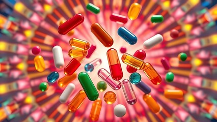 Vibrant floating vitamin capsules in a kaleidoscopic pattern against a radiant backdrop.