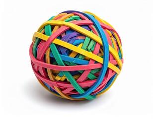 A vibrant rubber band ball featuring multicolored bands, perfect for office, creativity, and organization themes.