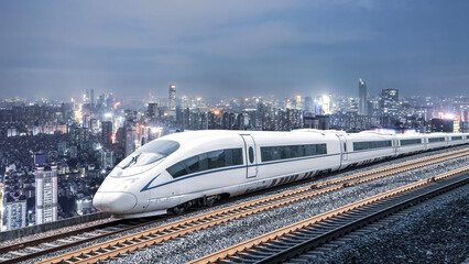 Modern high - speed train running through urban area