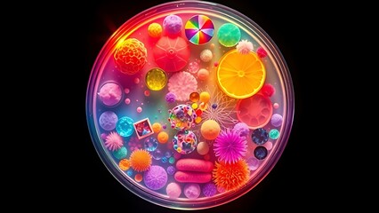 Glowing Petri dish overflowing with vibrant abstract representations of scientific concepts.