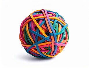 A vibrant rubber band ball featuring a mix of colorful bands, perfect for office, organization, and creativity themes.