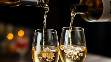 Two glasses of white wine being elegantly poured, capturing a moment of sophistication and relaxation.