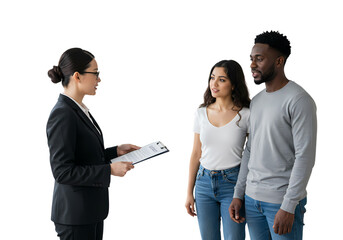 Professional consultant explains contract to diverse couple