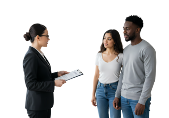 Professional consultant explains contract to diverse couple