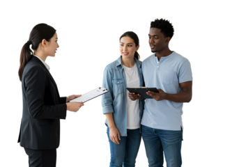 Couple signing documents with professional agent for new home purchase