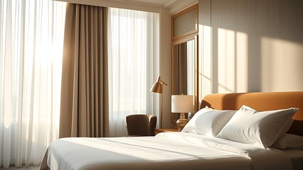 Elegant hotel bedroom with neatly made bed, morning sunlight streaming through sheer curtains.