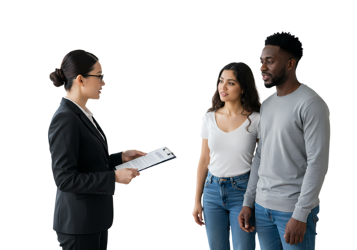 Professional consultant explains contract to diverse couple