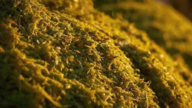 Close Up Footage of Seaweed Pile with Golden Hue and Detailed Texture for Commercial Use in Food Industry Advertisements and
