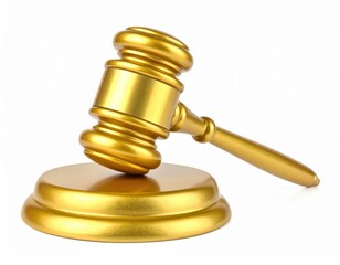 A shiny golden gavel resting on a sound block, representing justice, law, and authority.