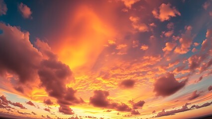 Dramatic sunrise and sunset sky with vibrant clouds, showcasing warm and cool color contrasts in a panoramic view.
