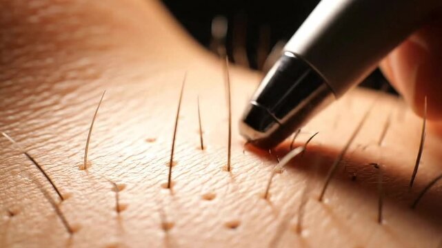 Close Up Hair Removal Treatment with Electrolysis Device on Skin Surface with Hair Follicles Against a Dark Backdrop for Health