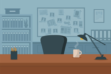 Empty detective office interior with investigation board. Cartoon interior of detectives room with desk, board on wall and elements of investigation. Detective workplace. Vector stock