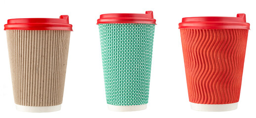 Paper coffee cups with red lids isolated on white background. File Contains Clipping Path.