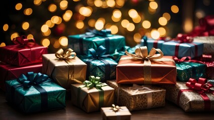 Colorful wrapped gifts arranged beautifully under a glowing Christmas tree with sparkling lights for festive holiday celebrations Generative AI