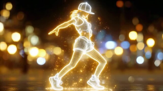 Dancer performs stunning illuminated choreography at night in a vibrant urban setting