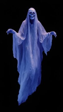 Floating ghost figure with ethereal appearance in dark background during Halloween celebration