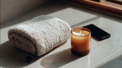 Relaxing spa scene with a lit candle, rolled towel, and smartphone