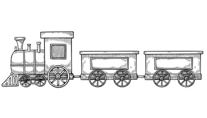 Train vector illustration with wagons in engraving style. Linear drawing of retro Locomotive for nostalgic childish Christmas greeting cards. Etching of vintage Baby Toy for New Year invitations.