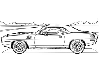 Naklejka premium A detailed black and white line drawing of a classic American muscle car parked on a road.