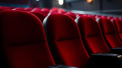 Obraz premium A cozy red velvet movie theater seat, dimly lit with a blurred background of the theater.