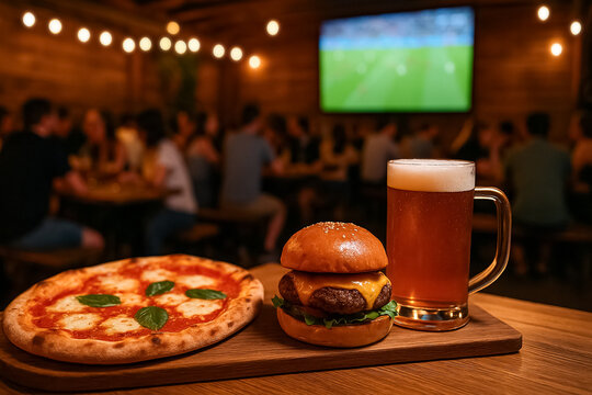 Football fans enjoying beer and food while watching soccer match at sports bar restaurant