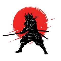 Samurai Warrior Silhouette with Katana Swords Posing Against a Red Sun Background, Vector Illustration